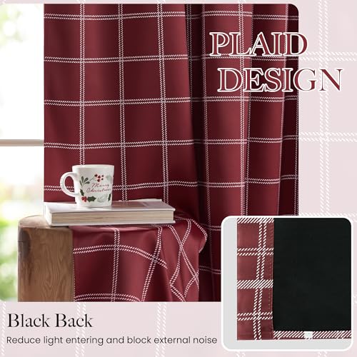 100% Blackout Red Plaid Farmhouse Curtains 96 Inch Long 2 Panels (52"W x 96"L (Pack of 2) / Grid Pattern | Red Christmas & White)