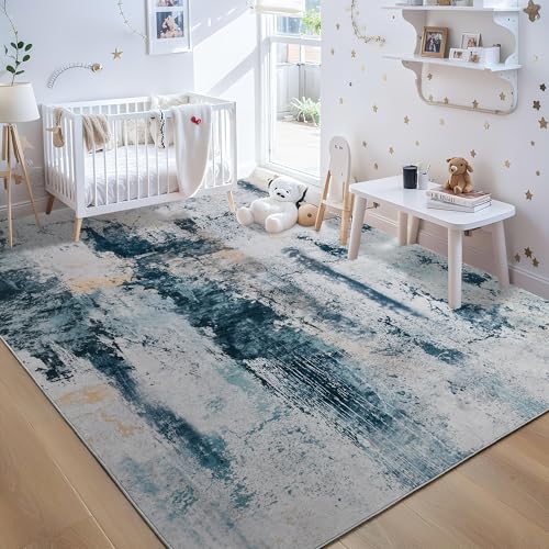 Living Room Rug 7x10 Aqua Blue Area Rugs Machine Washable Abstract Boho Large Rug Non (Aqua Blue / 7' x 10' (Rectangular))