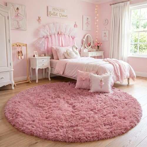 Blush Pink Large Round Shag Rug 6Ft for Girls Kids Bedroom Nursery (Blush Pink / 6' (Round))