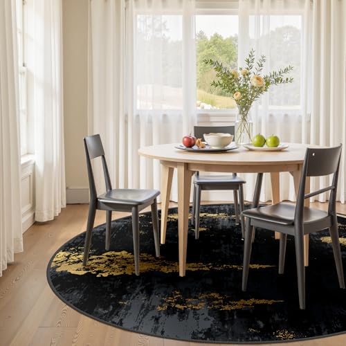 Washable Round 4ft Area Rug for Living Room Black Gold (Black/Gold / 4' (Round))