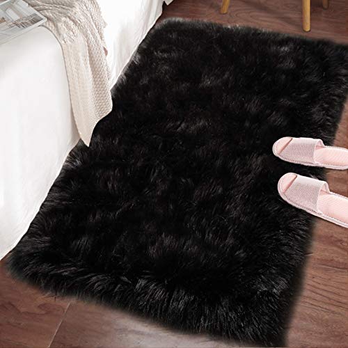Soft Fluffy Faux Fur Rugs for Bedroom Bedside Rug 2x3 Feet (Black / 2 x 3 Feet (Rectangular))