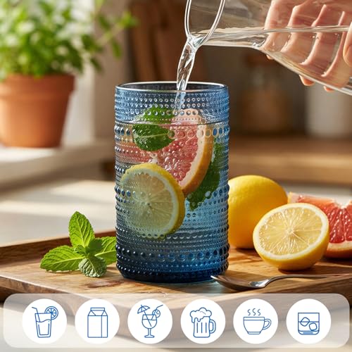 Blue Hobnail Drinking Glasses Set of 6 Vintage Glass Cups (Blue / 6pcs)