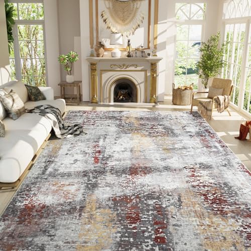 Living Room Rug 9x11 Beige Area Rugs Machine Washable Abstract Boho Large Rug Non (Grey Brown / 9' x 11' (Rectangular))