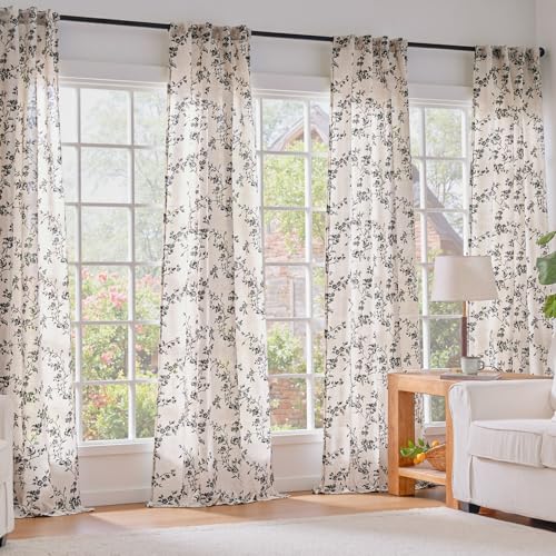 Black Vintage Floral Linen Curtains Farmhouse 38W X 96L 2 Panels (Black on Beige / 38"W x 96"L (Pack of 2))