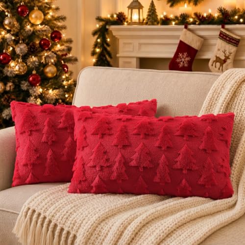 Red Xmas Tree Faux Fur Throw Pillow Covers 12x20 Set of 2 (Red Tree / 20" x 12" (Pack of 2))