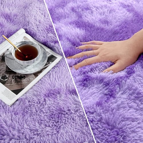 Soft Modern Shaggy Fluffy Carpets for Girls Bedroom (Tie-dyed Purple / 4' x 6' (Rectangular))