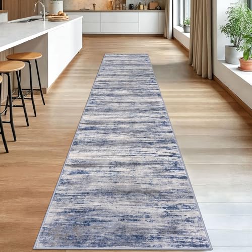 Modern Abstract Washable Rug Runner 2.6x14 Hallway Rug Runner Non (Blue-grey / 2'8" x 14' (Runner))