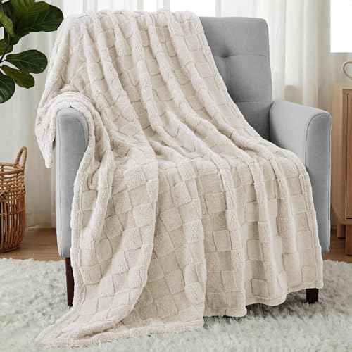 Plush Checkered Fleece Blanket Linen Throw (Linen / Throw)