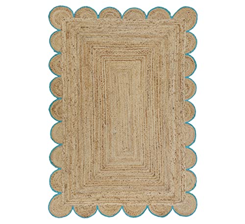 Scalloped Natural Jute Area Rug (6'x9' (Rectangular) / Teal)