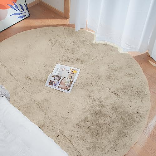 Light Brown Beige Washable Shaggy Round Rug 5ft Faux Rabbit Fur Rugs for Living Room Circle Nursery Rug for Bedroom Girl Room Décor (5' (Round) / Beige)