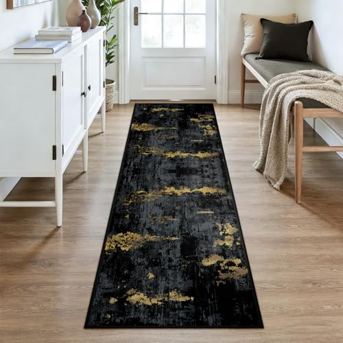 Washable Runner 2'6"x8' Abstract Area Rug for Hallway Black Gold (Black/Gold / 2'6" x 8' (Runner))