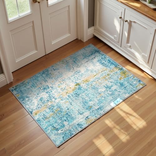 Entrance Rugs Indoor 2x3 Teal Blue Entry Rug Washable Abstract Small Area Rug Non (Teal Blue / 2' x 3' (Rectangular))