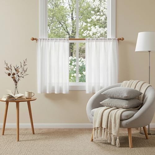 Semi Sheer White Curtains 36 Inches Long for Kitchen 2 Panels (34"W x 36"L (Pack of 2) / Pure White)