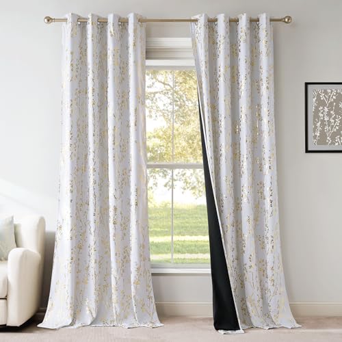 Gold Foil Printed Floral Curtains 100% Blackout (Branch-100% Blackout Greyish White / 52"W x 96"L (Pack of 2))