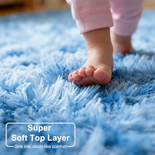 Tie Dyed Light Blue Round Rug 4Ft for Girls Bedroom Baby Nursery (Tie-dyed Blue / 4' (Round))