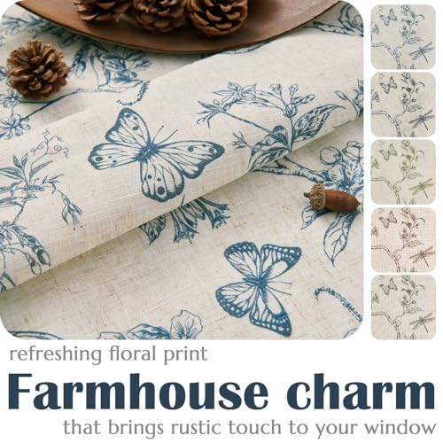 Blue Floral Linen Curtains Lined 96 Inch Vintage Back Tab 2 Panels (Charlotte Blue / 50"W x 96"L (Pack of 2))