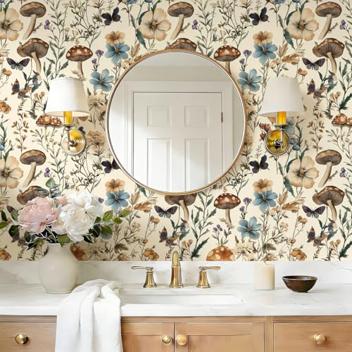 Mushroom Wallpaper Peel and Stick Vintage Floral 16.9" x 590.5" (Beige / 16.9" x 590.5")