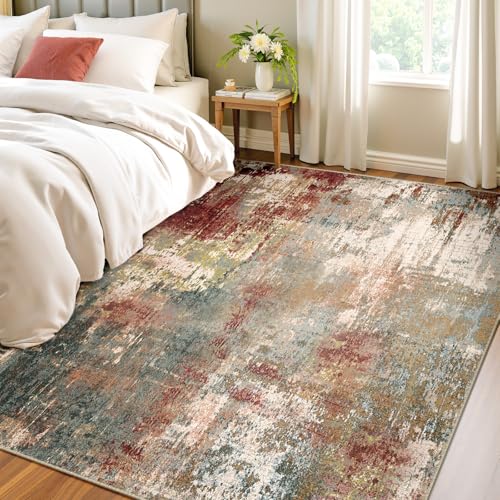 Washable 4'x6' Abstract Area Rug for Living Room Rustic Brown (Rust Red/Green/Blue/Multi / 4' x 6' (Rectangular))