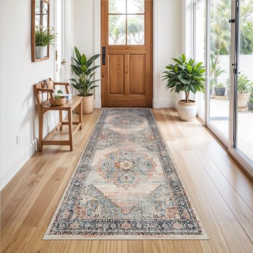 3x8 Washable Runner Rug Blue Vintage Rugs for Hallway (Blue / 3' x 8' (Rectangular))