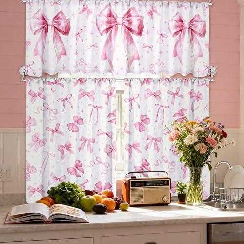 3 Pcs Pink Bow Kitchen Curtains Valances and Tiers Set for Windows Pink Bow Knot Coquette Decor Short Curtain Set for Bedroom Window Treatment Decor Wedding Party Favor Supplies (Pink Bow)