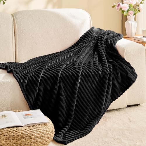 Ribbed Jacquard Black Fleece Throw Blanket for Couch (Black / Throw(50"x60"))
