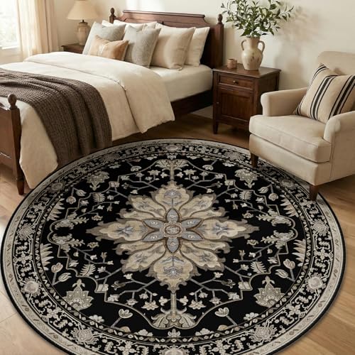 Washable Area Rug (Black/Neutral / 6' (Round))