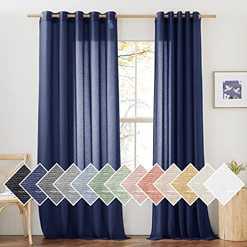 Linen Textured Sheer Curtains 96 inch Long for Living Room (70"W x 96"L (Pack of 2) / Dark Blue)