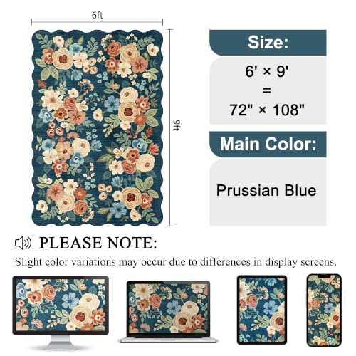 6x9 Area Rugs Floral Washable Living Room Rug Non Slip Prussian Blue (Prussian Blue (Big) / 6' x 9' (Rectangular))