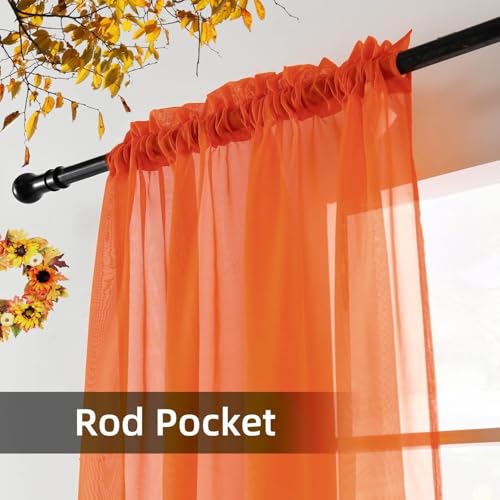 Solid Sheer Rod Pocket Curtain Voile Draperies 2 Panels White Beige Black Grey Coffee 52 Inch Width 45 Inch Long 1 Pair for Kitchen Bedroom Children Living Room Yard (Burnt Orange / 52"W x 45"L (Pack of 2))
