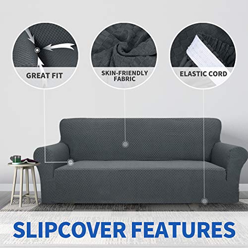 1 Piece Jacquard Couch Covers for 3 Cushion Couch Living Room High Stretch Sofa Cover Pets Dogs Friendly Anti Slip Thickened Slipcovers Furniture Protector (Large (71"-90") / Dark Grey)