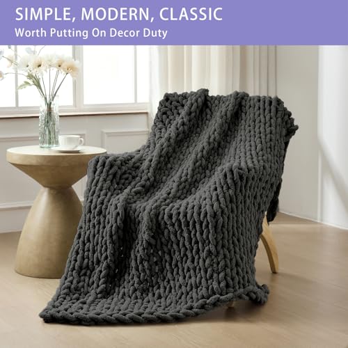 Chunky Knit Throw Blanket for Couch (Dark Grey / 80"x90" (For Queen/King Bed）)
