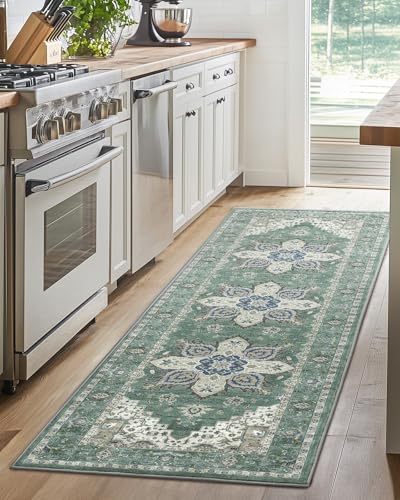 Amada 2x6 Washable Runner Rug for Kitchen and Entryway (2' x 6' (Runner) / Dark/Green)