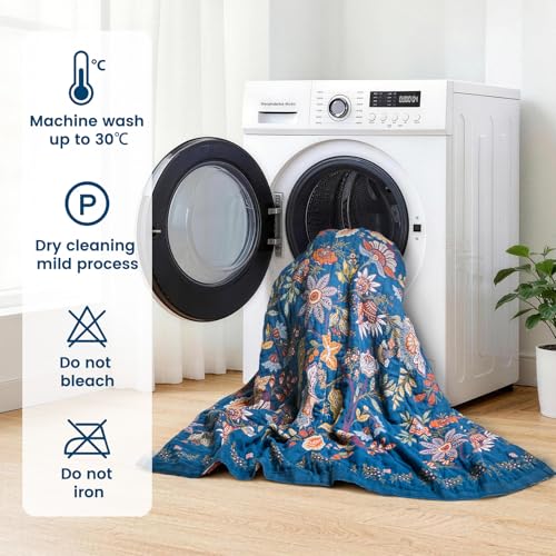Boho Throw Blanket 60"x80" 100% Cotton Twin Floral Throw for Couch (Navy Garden / 60"x80")