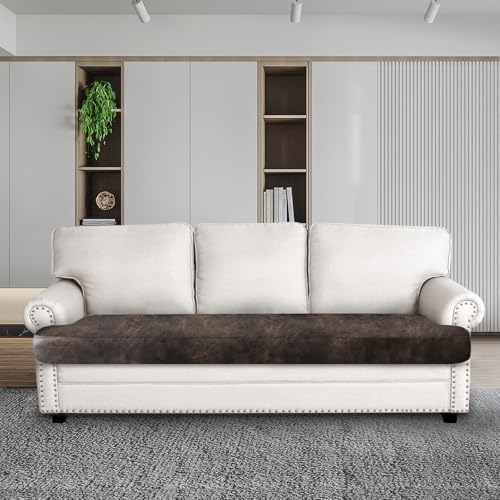 Leather Look Couch Cushion Covers Sofa Seat Slipcovers Sets Couches Furniture Protector for Sectional Armchair Loveseat Pets Kids Stretch Spandex Fabric (1 T-Cushion Sofa / Brown)