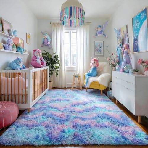 Purple Rainbow Mermaid Furry Kids Area Rug 5x8 for Girls Bedroom (Blue Purple Rainbow / 5' x 8' (Rectangular))