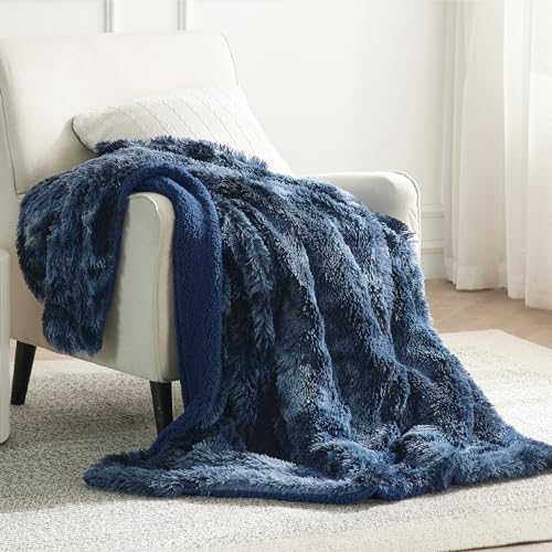 Faux Fur Fluffy Sherpa Blanket Couch Throw Tie Dye Navy 50"x60" (05- Tie Dye Navy / Throw (50" X 60"))