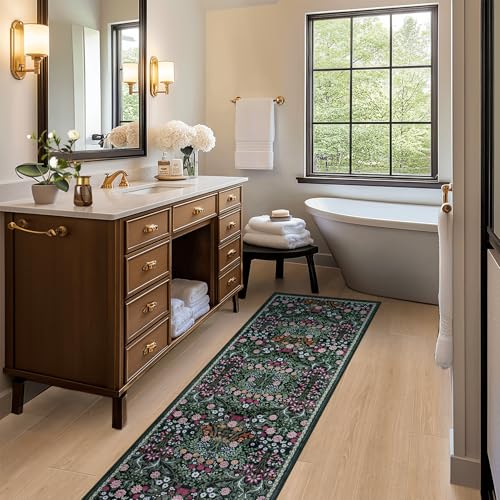 2x6 Washable Runner Rug：Floral Indoor Kitchen Carpet Dark Green (Dark Green / 2' x 6' (Runner))