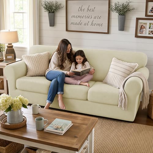 3 Piece Stretch Sofa Cover (71"-91"(2 Cushions) / Light Beige)