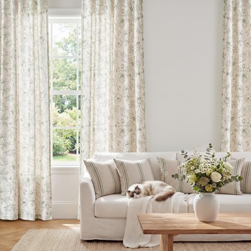 Floral Linen Curtains for Living Room 63 Inch Length Green Flower Curtain Rod Pocket Back Tab Farmhouse Curtains with Printed Floral Bedroom Window Curtain Set (Penny Green on Ecru / 50"W x 63"L (Pack of 2))
