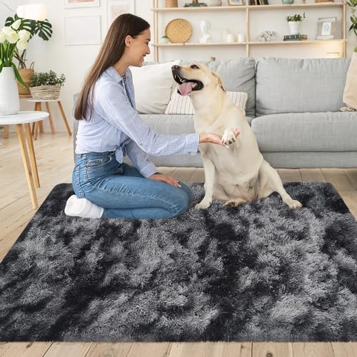 Small Tie Dyed Area Rug for Bedroom 3x5 Mini Black Grey Fluffy Rug Mat Bedside Throw Rug for Kids Room Boys Teens Nursery Baby Dorm Living Room Home Decor Aesthetic Carpets (Tie-dyed Black Grey / 3' x 5' (Rectangular))