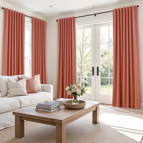 100% Blackout Curtains 90 Inch Length 2 Panels Set for Living Room Bedroom Back Tab Thermal Insulated Black Out Linen Drapes Room Darkening Coral (Coral / 52"W x 90"L (Pack of 2))