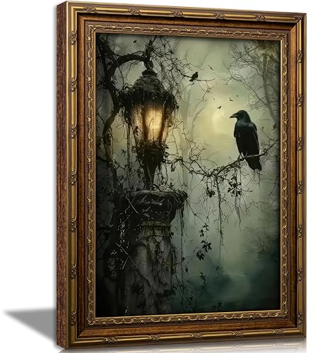 Vintage Gold Framed Crow Canvas Wall Art Dark Academia Gothic Painting Picture Wall Decor Victorian Horror Forest Poster Print Artwork for Living Room Bedroom Home Decoration (crow / 11"L x 9"W)
