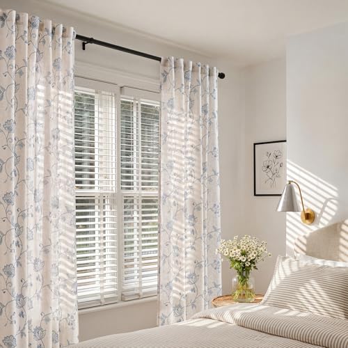 Blue Floral Linen Curtains 63 Inch Vintage Back Tab 2 Panels (Floral Blue / 50"W x 63"L (Pack of 2))