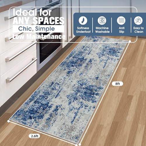 Runner Rugs for Hallways Kitchen 2.6x8 Non Slip Washable Blue Grey White (Blue Grey/White / 2'6" x 8' (Rectangular))