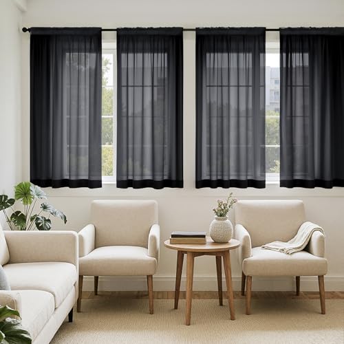 Black Sheer Curtains 63 Inches Long 4 Panels 42 x 63 Inches (42"W x 63"L (Pack of 4) / Black)