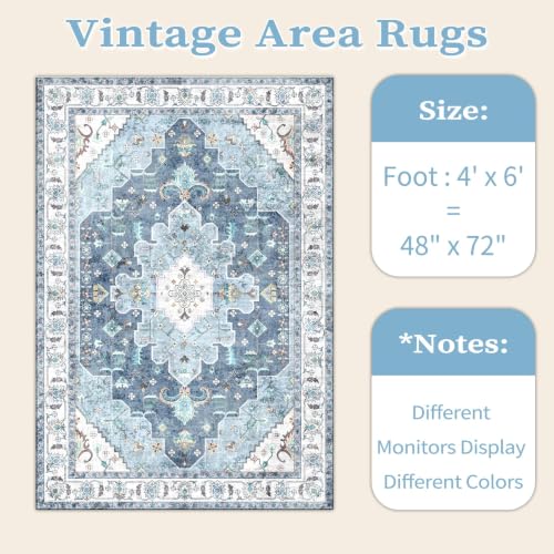 4x6 Washable Non Slip Boho Area Rug for Bedroom (Vintage Blue / 4' x 6' (Rectangular))
