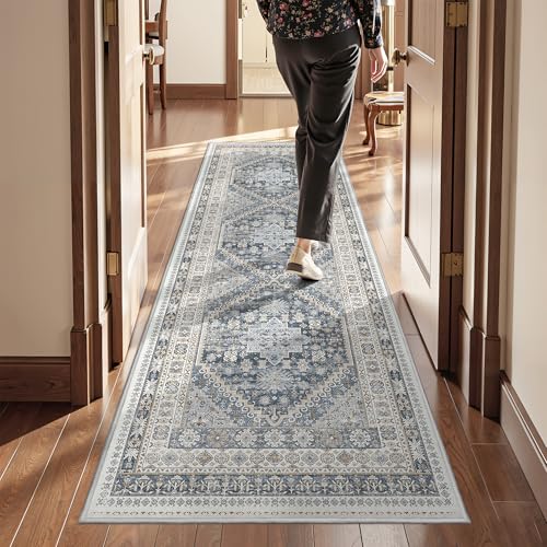 Kitchen Runner Rug Non Slip Washable Rugs 2.5x8 (Blue/Beige / 2'6" x 8' (Runner))