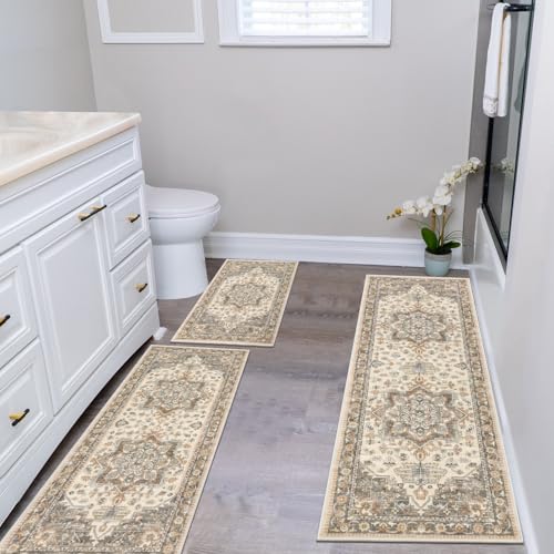 HEBE Boho Kitchen Rugs Set of 3 (Taupe / 20"x32"+20"x48"+20"x59")