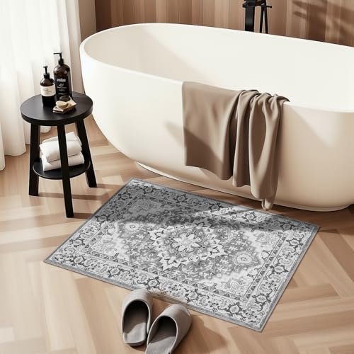 2x3 Washable Rug for Entryway Bathroom (Floral Grey / 2' x 3' (Rectangular))