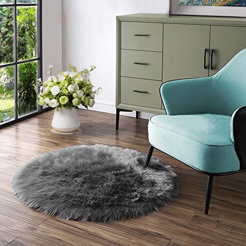 Dark Grey Round Rug 3ft Faux Fur Circle Rug Fluffy Furry Fuzzy Rug Sheepskin Rugs for Living Room Bedroom Shag Rug Cute Room Décor (3' (Round) / Dark Grey)